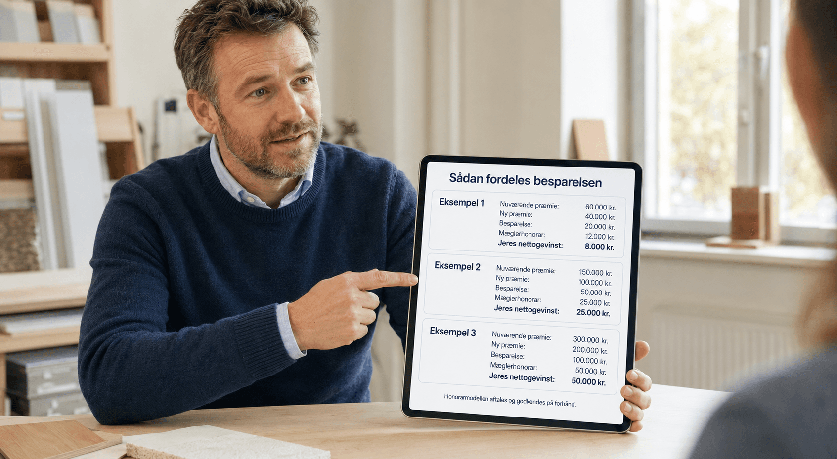 Professional man pointing at a tablet displaying three examples of financial savings distribution.