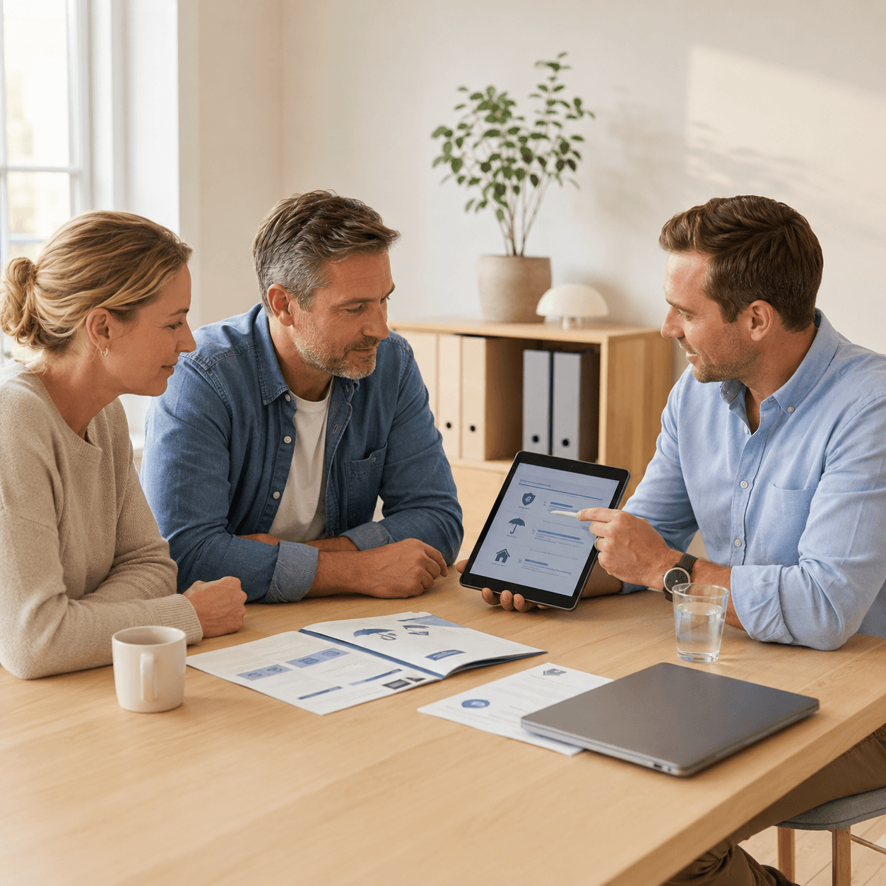 Financial advisor presenting insurance options on a tablet to a couple at a wooden table.